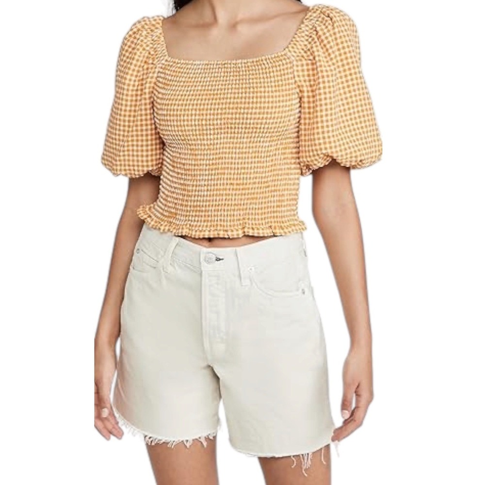 BB Dakota Cottagecore Mustard Gingham Smocked Puff Sleeve Top Women's‎ Size M